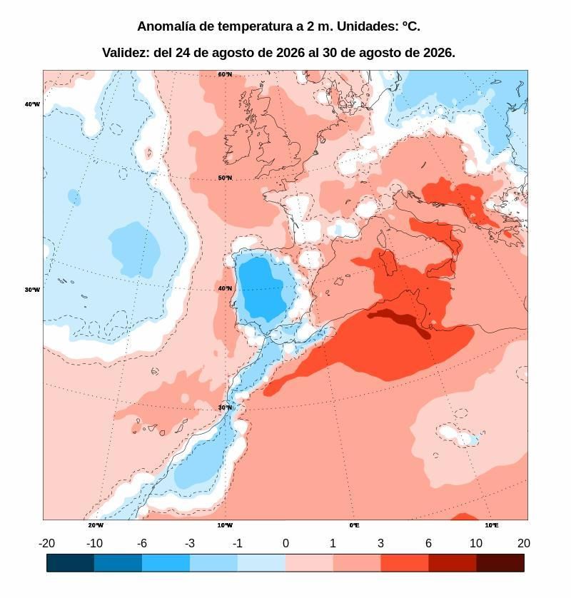Mapa de anomalía de temperaturas del 24 al 30 de agosto.