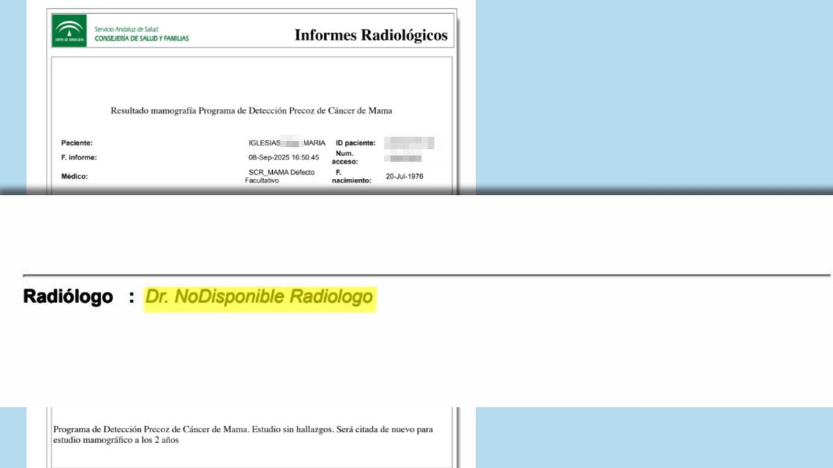 Mención a "Dr. No disponible Radiólogo" en un informe radiológico de la Junta de Andalucía