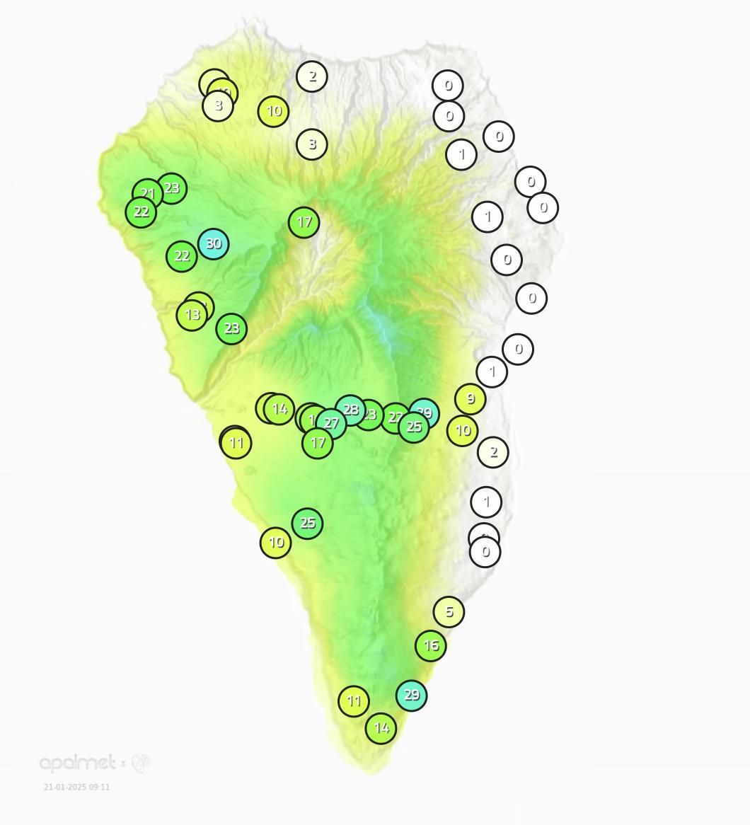 Mapa de Apalmet de la  lluvia caída este martes, hasta las 10.00 horas. en diferentes puntos de La Palma.