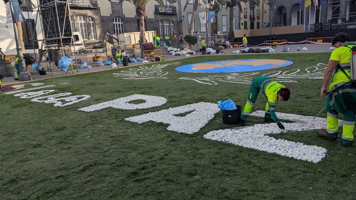 El Ayuntamiento de Las Palmas de Gran Canaria realiza una alfombra con más de mil ramos de flores y el mensaje “Sí a la paz”.