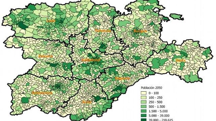 Mapa del reciente y desolador estudio de proyección poblacional en la Comunidad. / ucavila.es