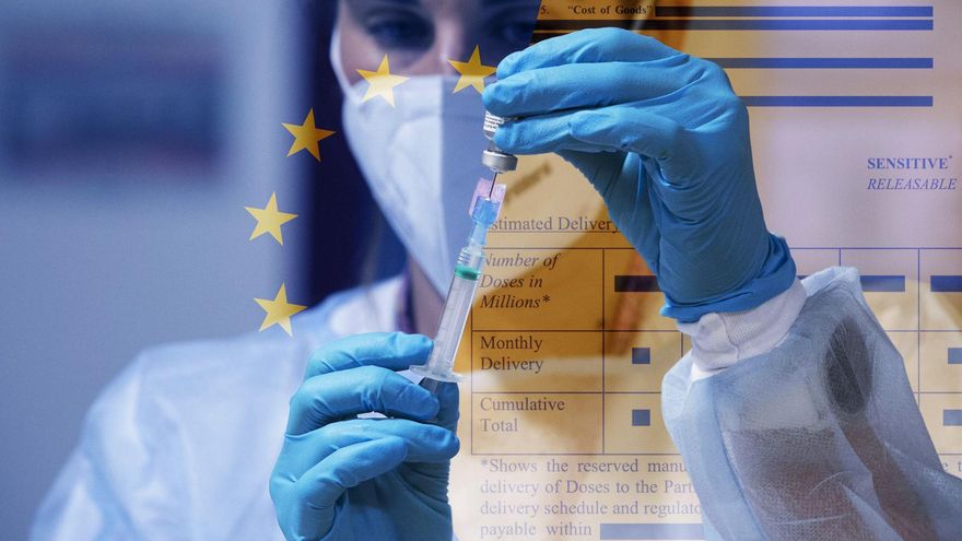 Una enfermera prepara una dosis de la vacuna Pfizer-BioNTech y páginas tachadas del contrato de AstraZeneca con la UE