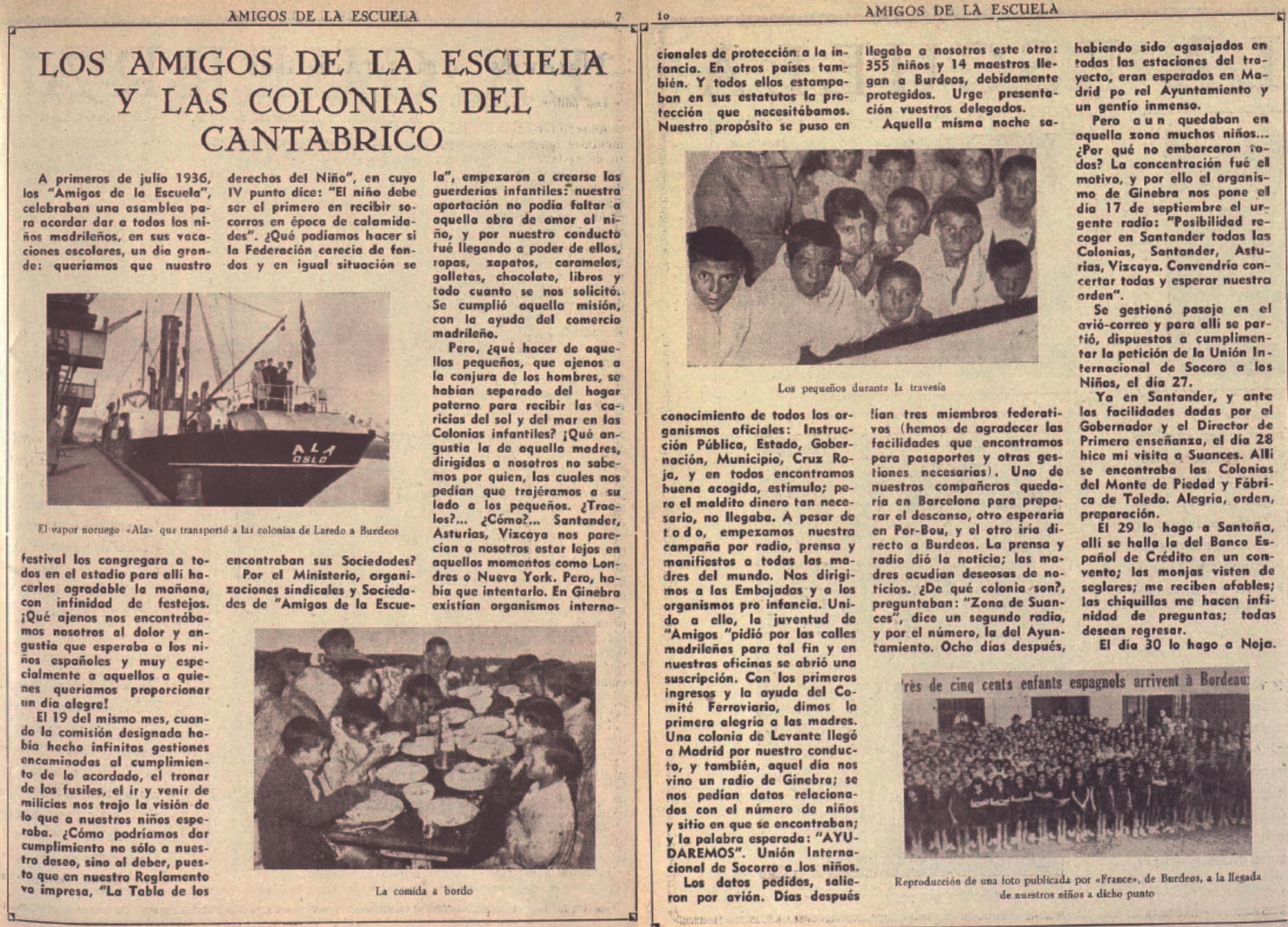 Primeras páginas del reportaje publicado en la revista “Amigos de la Escuela” sobre el traslado de los niños evacuados a Burdeos