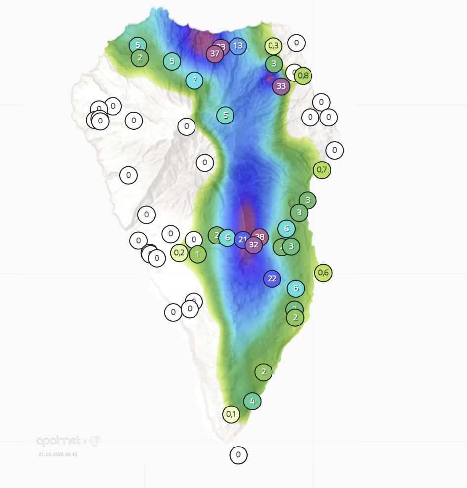 Mapa de Apalmet de la lluvia registrada en diversos puntos de La Palma hasta las 08.40   horas de este miércoles, 21 de octubre.