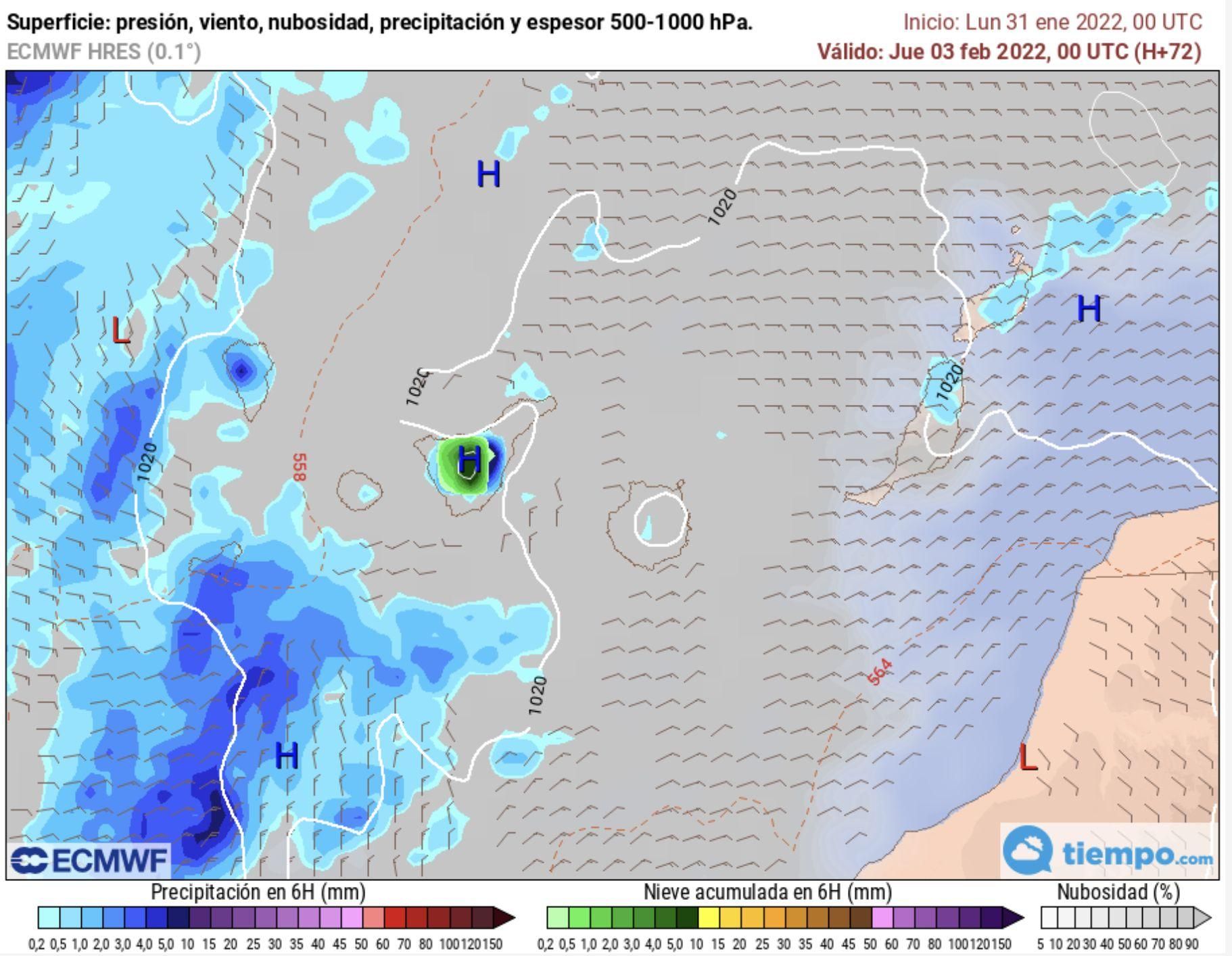 Previsión de nevada en el Teide este jueves en la madrugada. / FOTO: METEORED