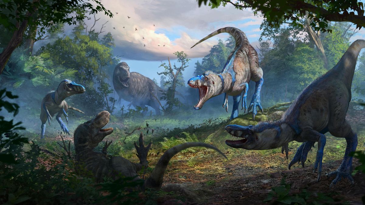 Representación artística de una manada de 'Nanotyrannus' atacando a un 'T. rex' joven.