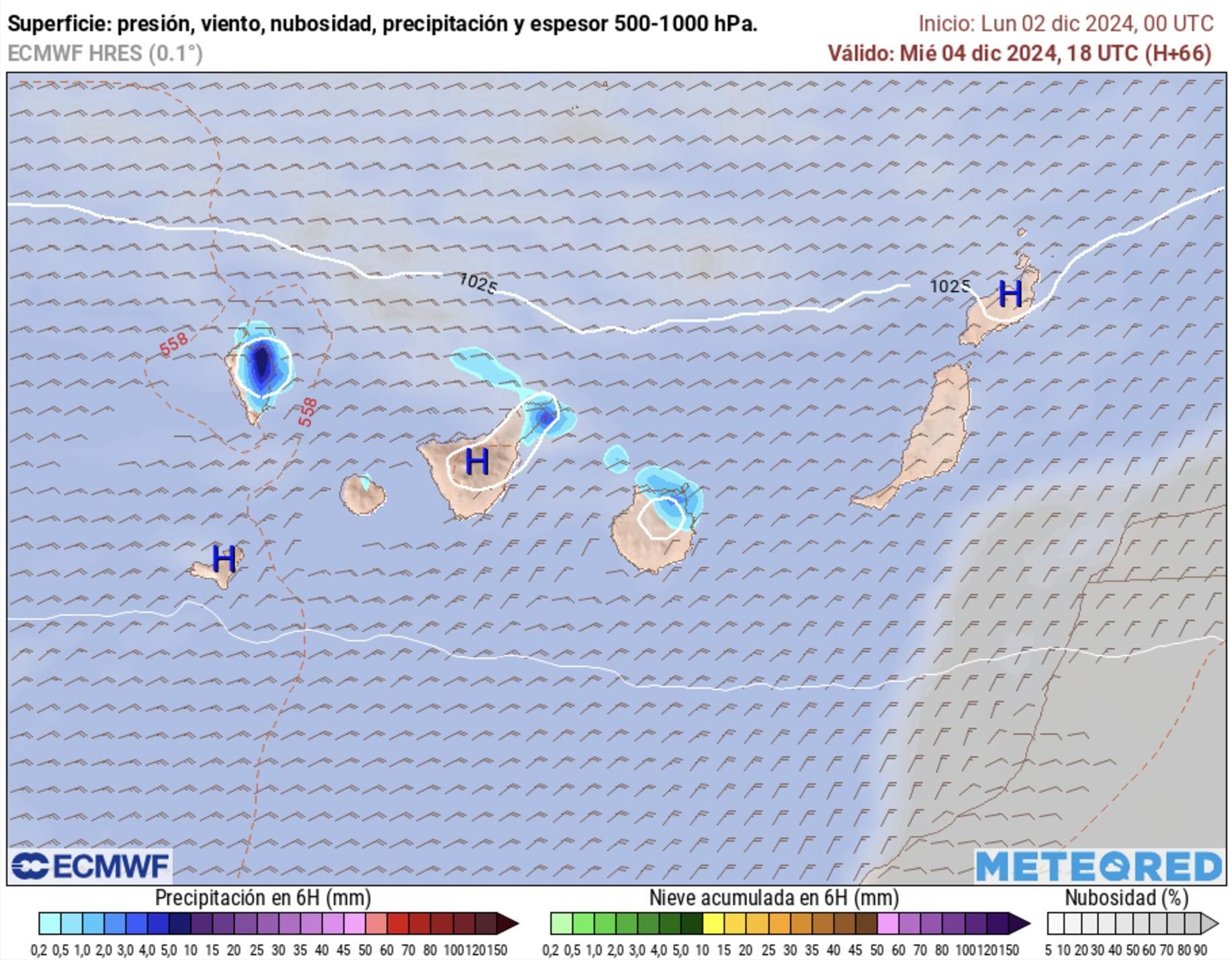 Mapa de lluvias previstas este miércoles en Canarias.