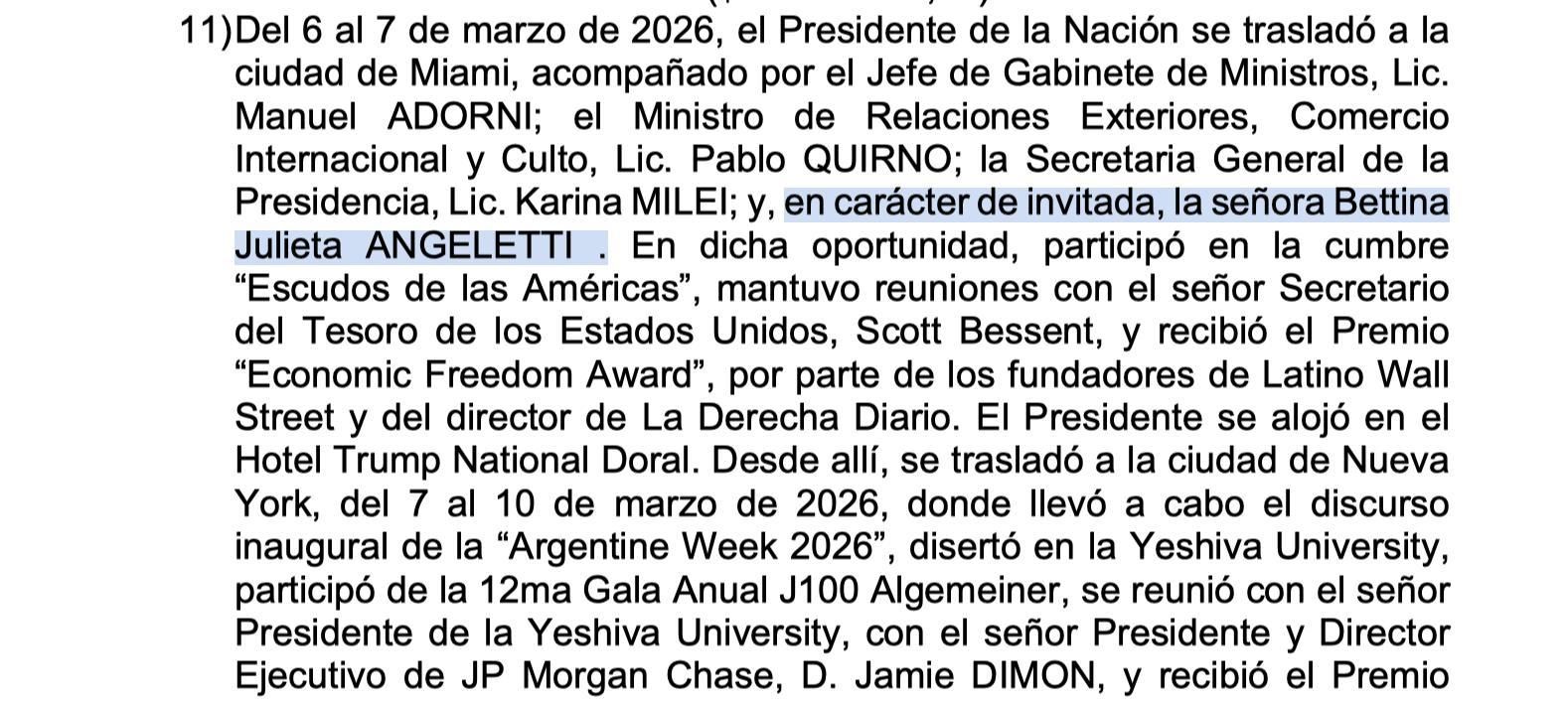 La referencia al viaje de la esposa de Adorni en el avión presidencial, en el informe de la JdG.