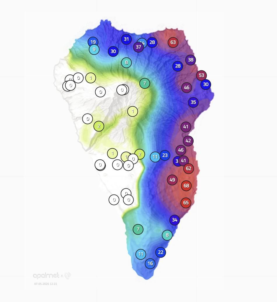 Mapa de Apalmet de la lluvia caída en diversos puntos de La Palma hasta las 12.21 horas de este jueves, 7 de mayo.