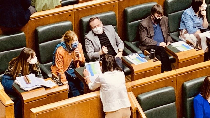 La consejera Artolazabal y el parlamentario del PNV Aiartza, consultando la segunda versión del cuadro de votaciones