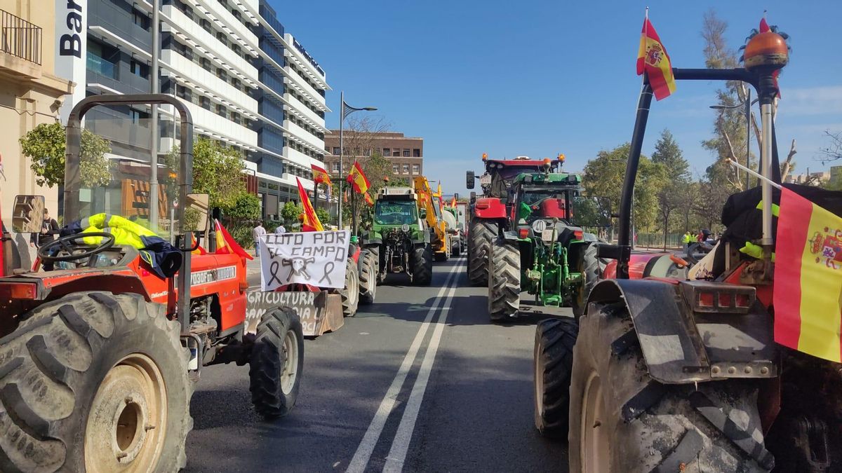 La tractorada a su paso por Murcia con una lona que reza "luto por el campo"