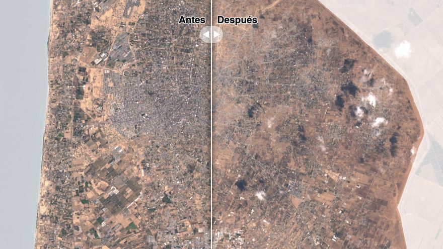 Dos mapas y un gráfico de la destrucción de Gaza tras un año de masacre de Israel