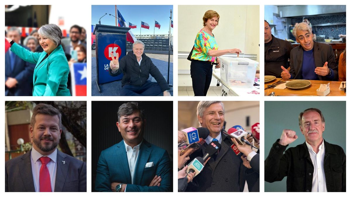 Jeannette Jara, osé Antonio Kast, Evelyn Matthei, Marco Enríquez-Ominami, Johannes Kaiser, Franco Parisi, Harold Mayne-Nicholls y Eduardo Artés, los candidatos presidenciales de Chile.