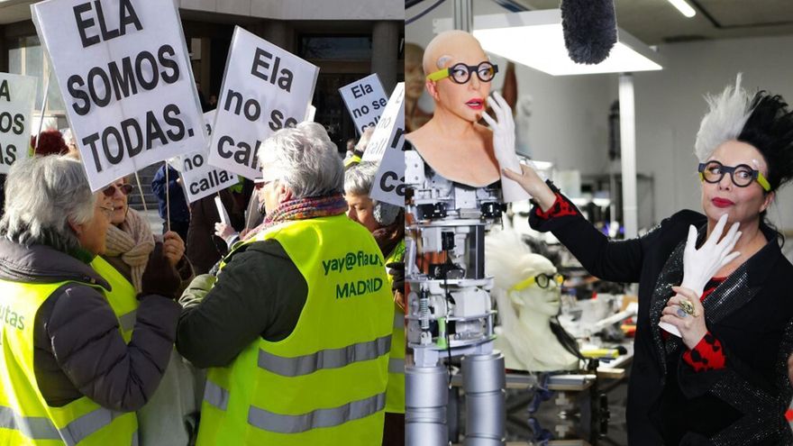 Varios activistas de los Yayoflautas esperan que termine el juicio por faltas a una compañera y la artista francesa Orlan junto a su obra ORLAN-OÏDE.