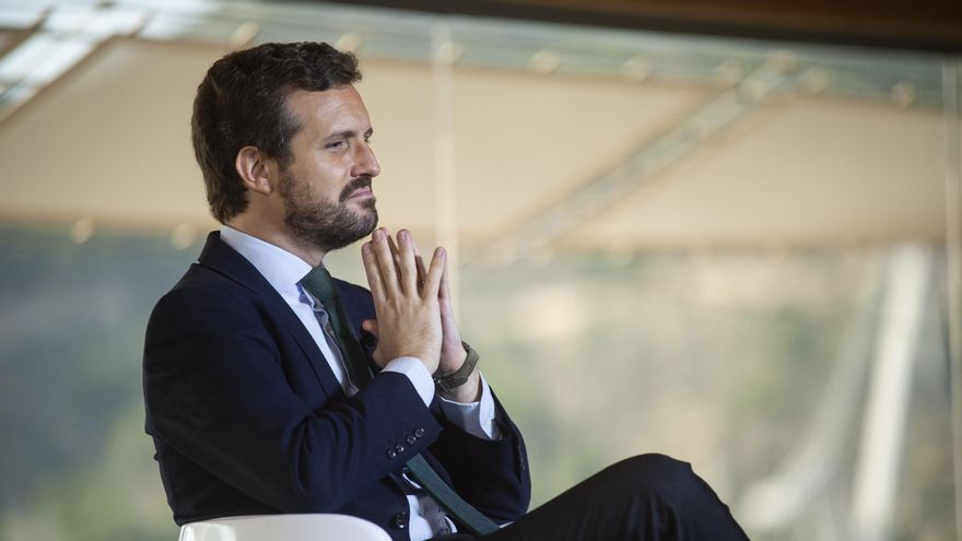 El presidente del Partido Popular, Pablo Casado, en la mesa ‘Crecimiento contra la desigualdad’, en el marco de la Convención Nacional del PP, en Cartagena, Murcia,