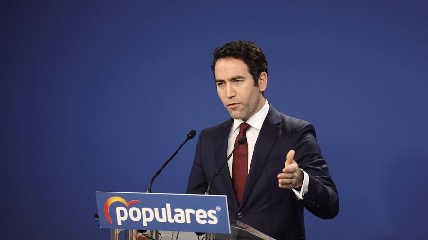 El secretario general del PP, Teodoro García Egea, en una rueda de prensa tras la reunión del Comité de Dirección del PP, en la sede del PP, a 12 de enero de 2022, en Madrid (España).