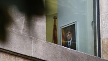 Un retrato de Carles Puigdemont, en el interior del Palau de la Generalitat