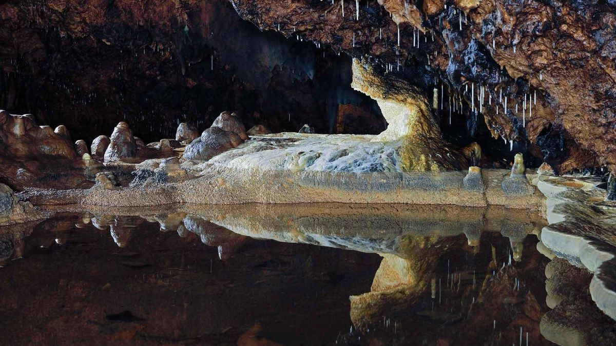 De origen kárstico, esta cueva de 1.400 metros alberga pozas, estalactitas, estalagmitas y hasta restos del Neolítico