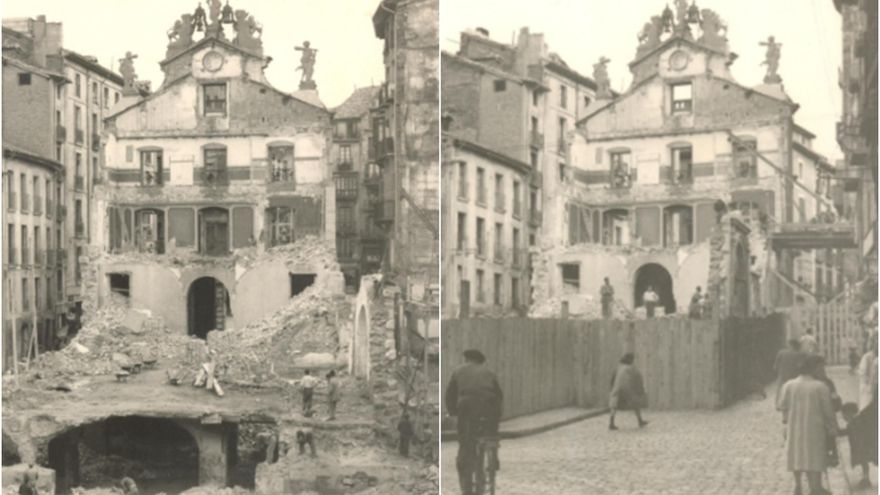 Fotos de las obras del Ayuntamiento en 1952 en las que se ve, a la derecha, cómo no se ha derribado la puerta de Santo Domingo.
