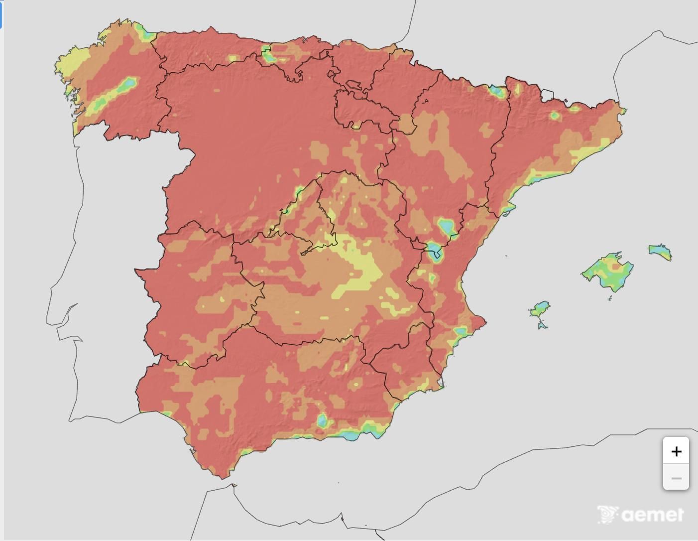 Mapa de la Aemet con el riesgo de incendios en España para este martes.