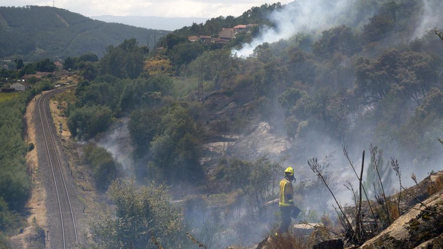Bomberos y un hidroavión trabajan en las tareas de extinción del incendio forestal de Untes, a 13 de julio de 2026, en Ourense