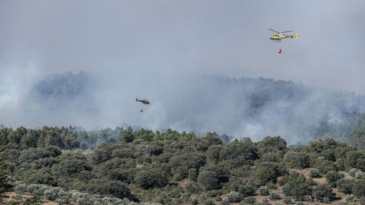 En la imagen de archivo, dos helicópteros trabajan en la extinción del incendio declarado en La Mierla, Guadalajara. EFE/ Nacho Izquierdo