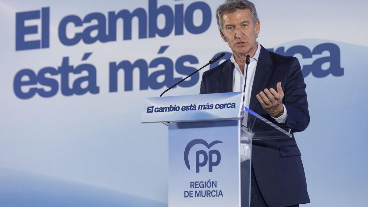 El presidente del Partido Popular, Alberto Núñez Feijóo, interviene en la Junta Directiva Autonómica del Partido Popular de la Región de Murcia, este lunes en la Filmoteca Regional Francisco Rabal. EFE/Marcial Guillén