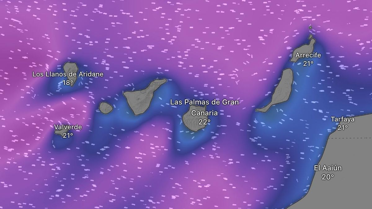 Mapa del oleaje esperado en Canarias este martes. Los colores más cálidos indican olas más altas.