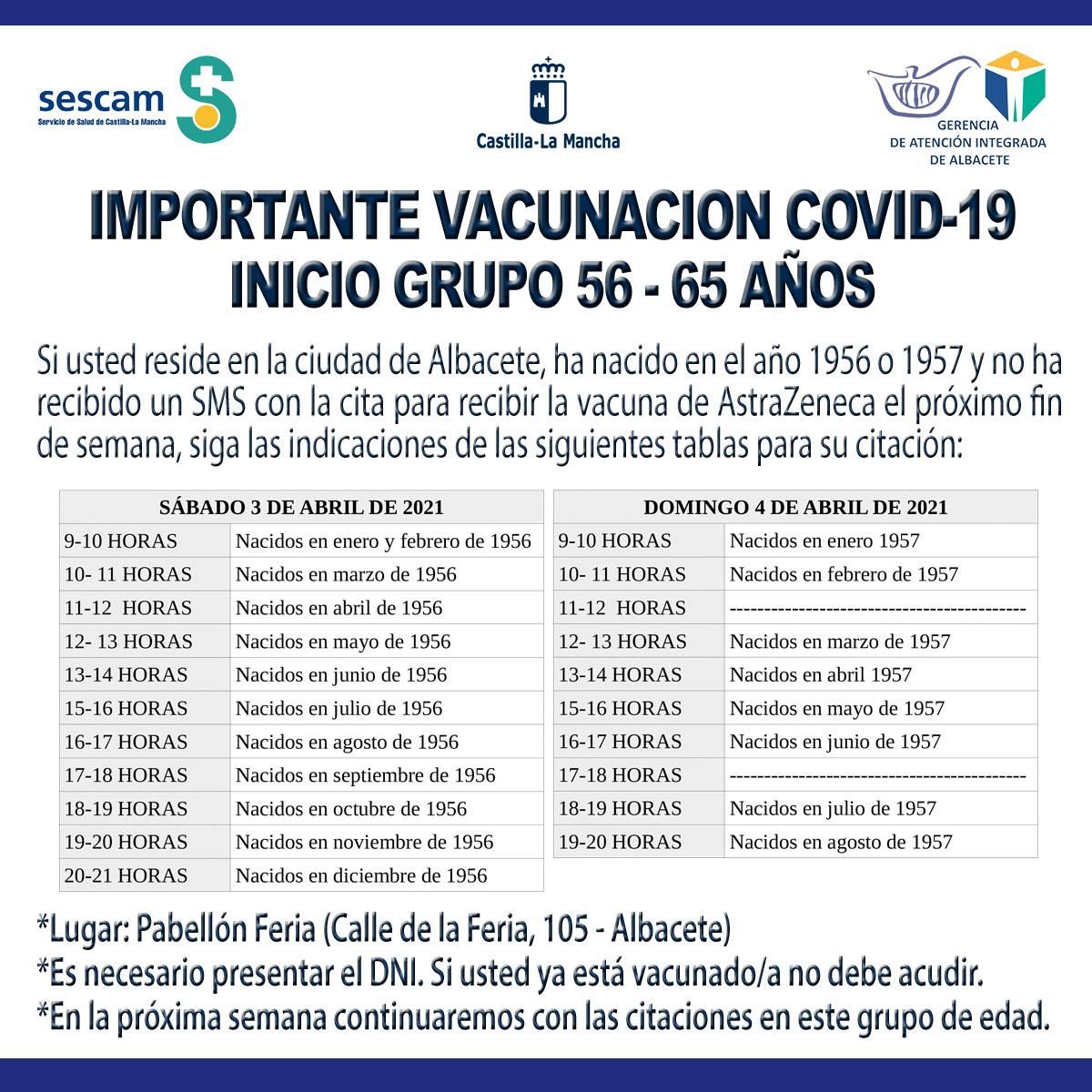 Horarios para la vacunación en Albacete el sábado y el domingo de esta Semana Santa para los nacidos en 1956 y 1957
