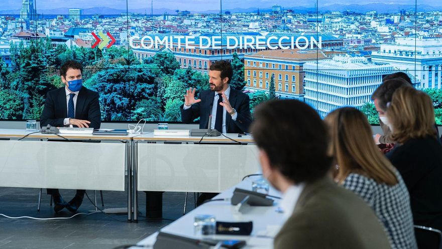 El líder del PP, Pablo Casado, reúne al comité de dirección del PP para explicar los escollos de la negociación con el PSOE para renovar el CGPJ. En Madrid, a 26 de febrero de 2021.