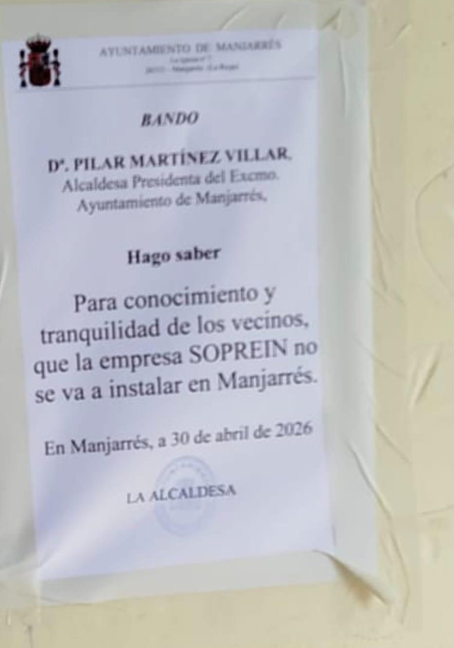 Bando de Manjarrés que informa de la renuncia al proyecto