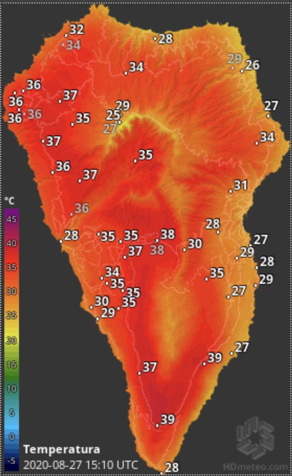 Mapa de HD Meteo La Palma de la temperatura que se registrada en  La Palma a las 15.10 de este jueves, 27 de agosto.