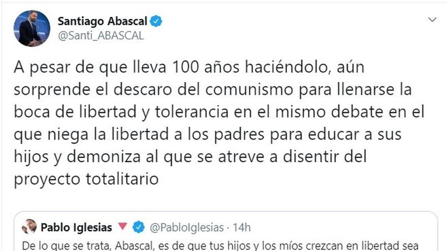 Abascal se enzarza con Iglesias por el 'pin parental' y le reprocha que sus cargos "abusan de menores" y apoyan el velo