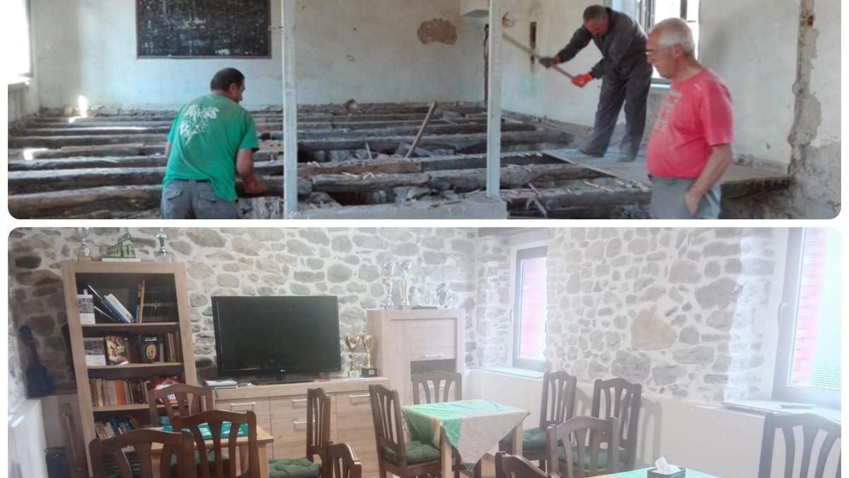 Arriba, trabajos de restauración de las antiguas escuelas de San Martín de la Tercia; abajo, espacio del edificio convertido en teleclub. 