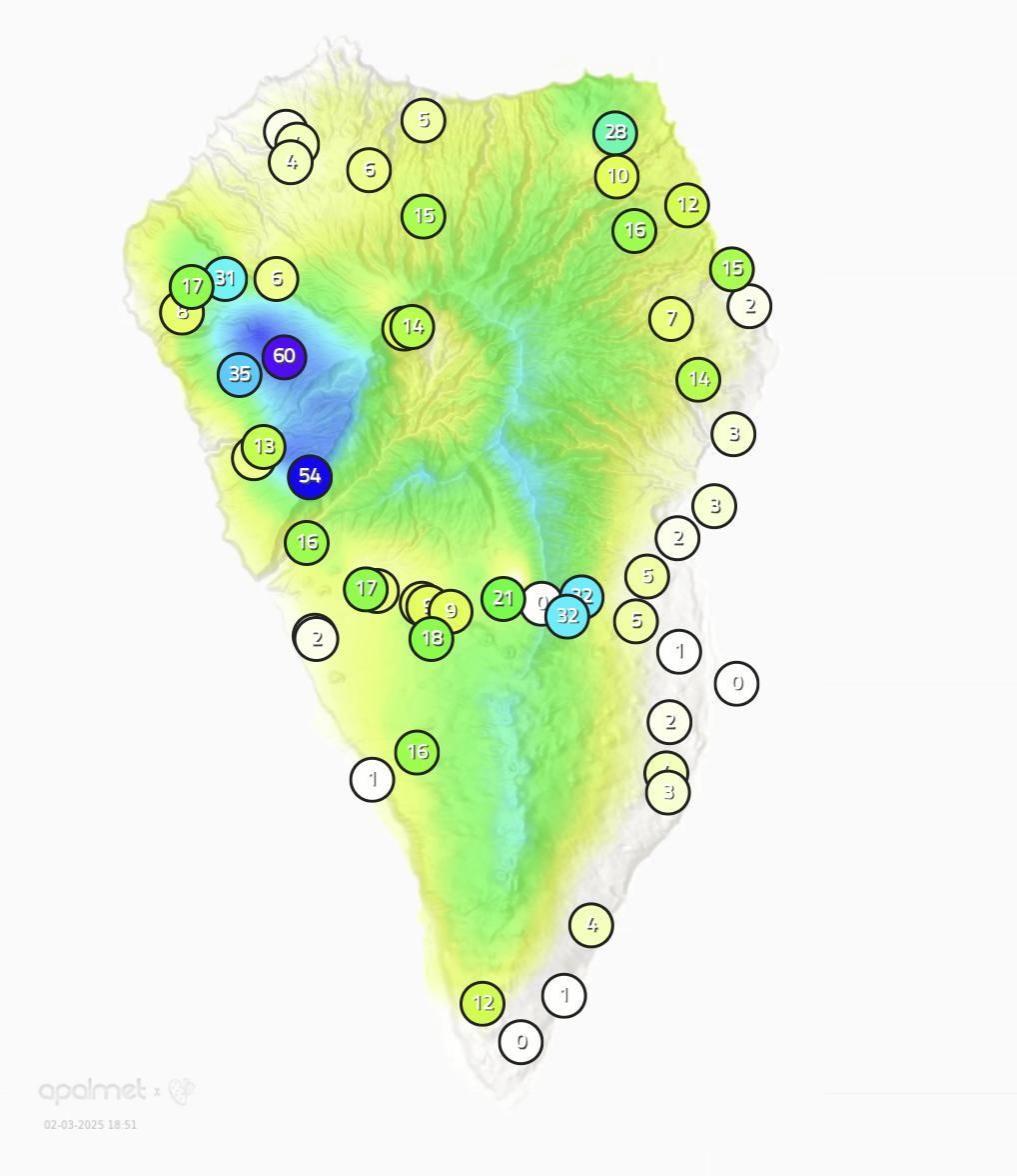 Mapa de Apalmet de la lluvia registrada en diversos puntos de La Palma este domingo, 2 de marzo, hasta las 18.55 horas.
