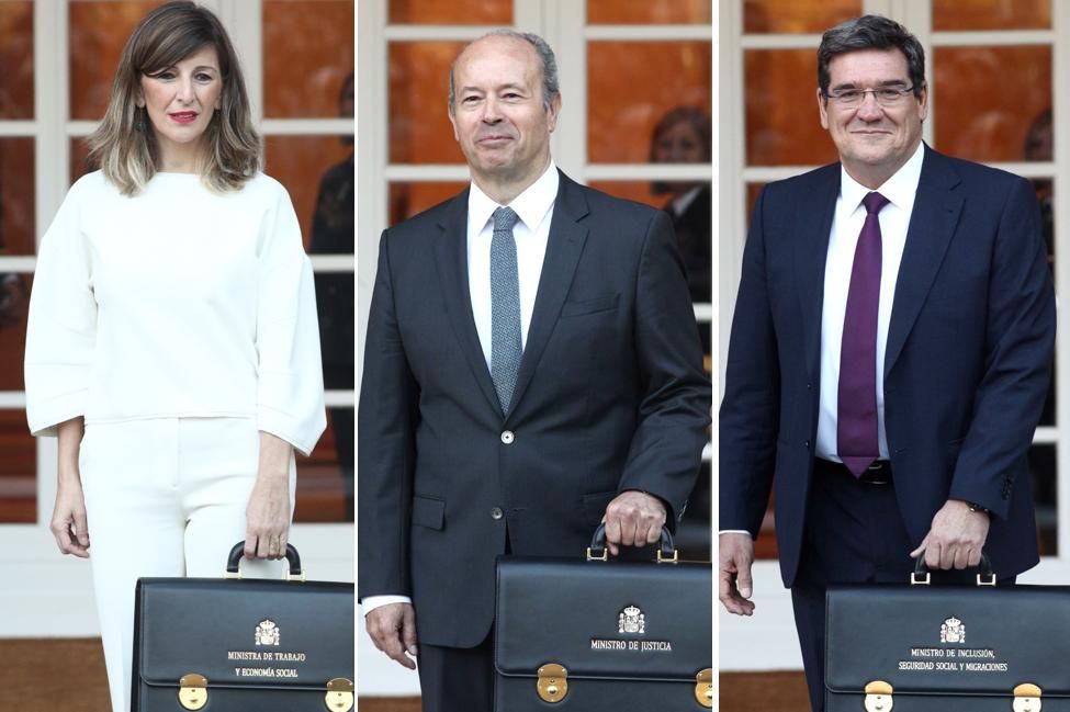 Yolanda Díaz, ministra de trabajo, Juan Carlos Campo, ministro de justicia y José Luis Escrivá, ministro de inclusión, seguridad social y migraciones