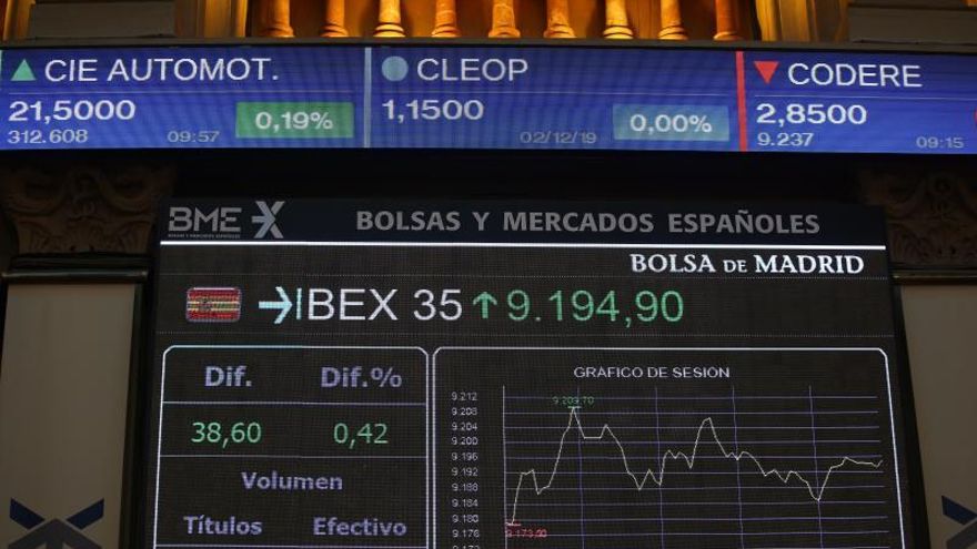 Vista de un panel de la Bolsa de Madrid del principal indicador de la Bolsa española, el IBEX 35, durante la sesión de ayer.