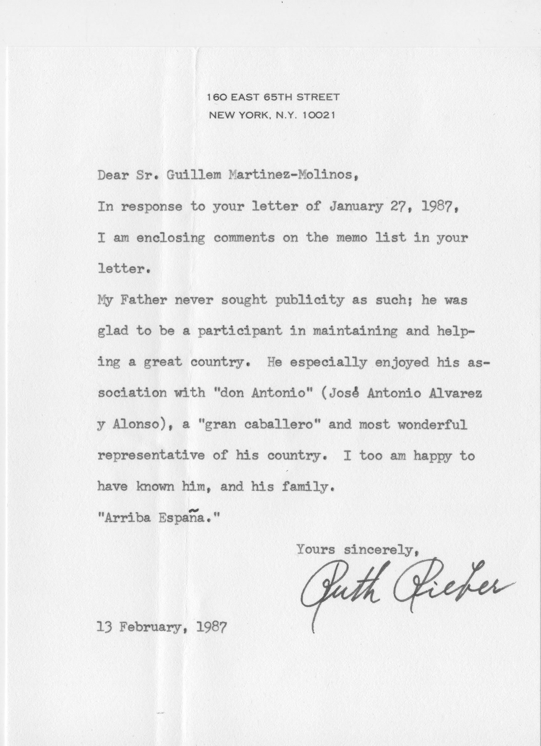 Carta Ruth Rieber, 13 Feb 1987.