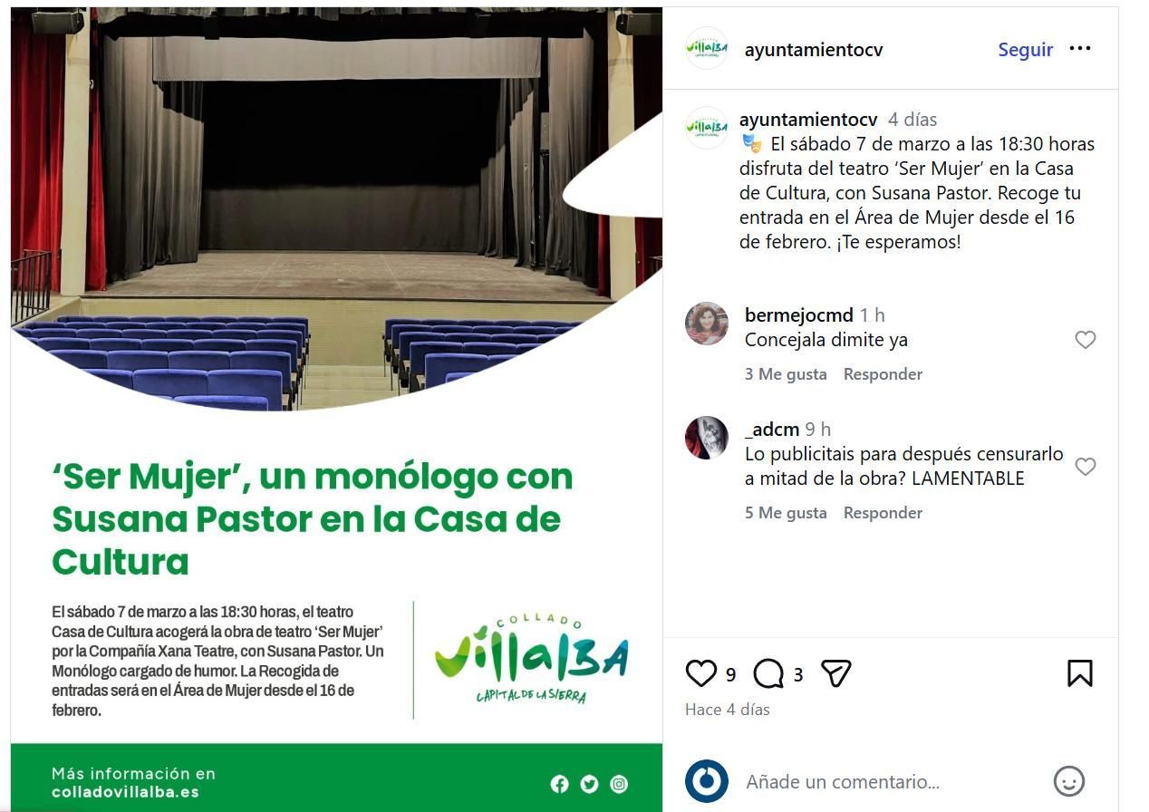 Publicación en Instagram del Ayuntamiento de Collado Villalba anunciando el monólogo de Susana Pastor.