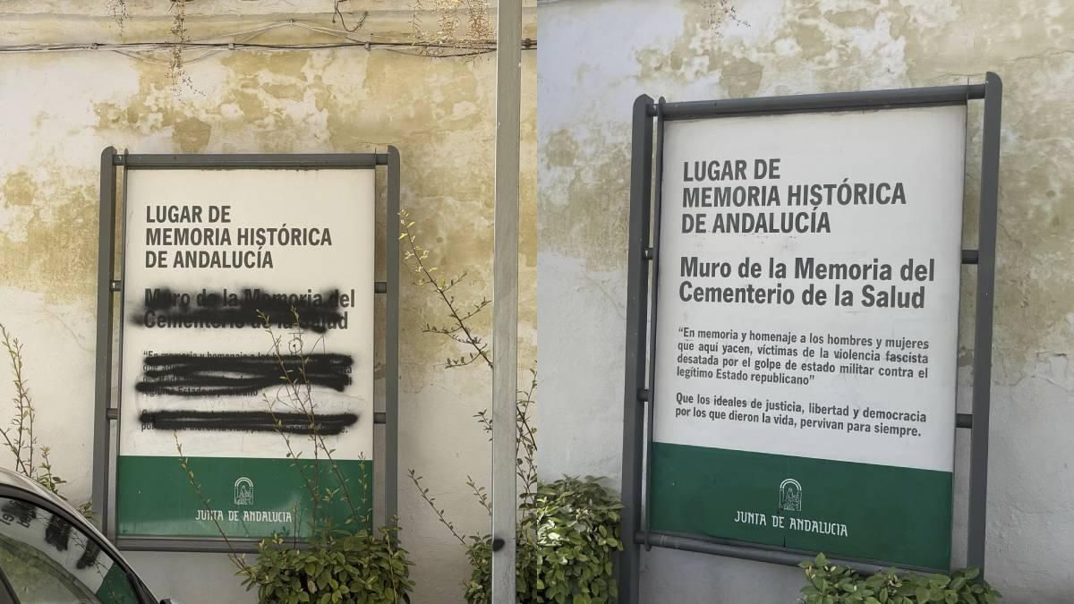 A la izquierda, el cartel del Cementerio de la Salud vandalizado, y a la derecha, ya limpiado por Sadeco