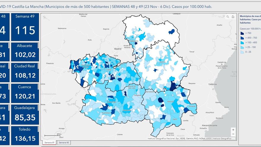 Mapa de la tasa de incidencia acumulada en 14 días en municipios de más de 500 habitantes en Castilla-La Mancha
