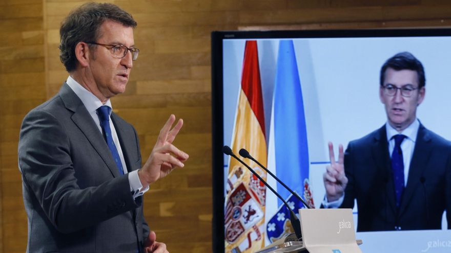 El presidente de la Xunta, Alberto Núñez Feijóo, durante la rueda de prensa que ofreció tras la reunión del consello celebrado este jueves en Santiago de Compostela. EFE/Lavandeira jr