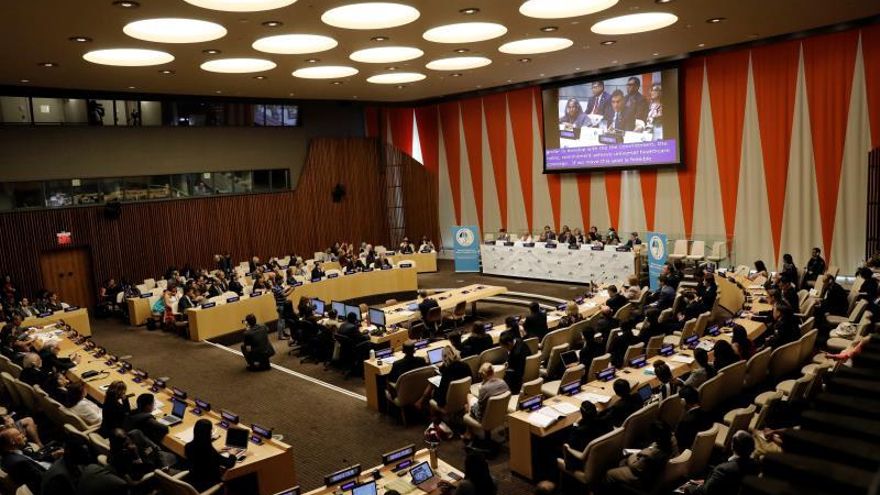 Pedro Sánchez (on screen), President of Spain speaks at a High-level meeting on universal health coverage, which is being held ahead of the General Debate of the General Assembly of the United Nations at United Nations Headquarters in New York, New York, USA, 23 September 2019.