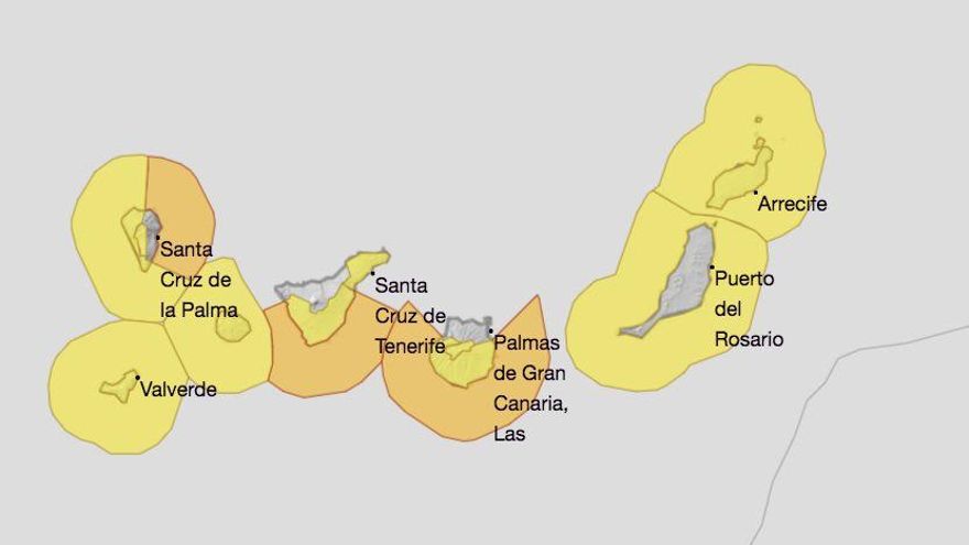 Mapa de la Aemet de los avisos de riesgo por fenómenos costeros y viento.