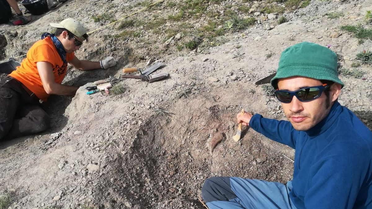 Paleontólogos del grupo Aragosaurus-IUCA excavando en el yacimiento. En primer plano, momento del descubrimiento de la garra del pie de Camarillasaurus.
