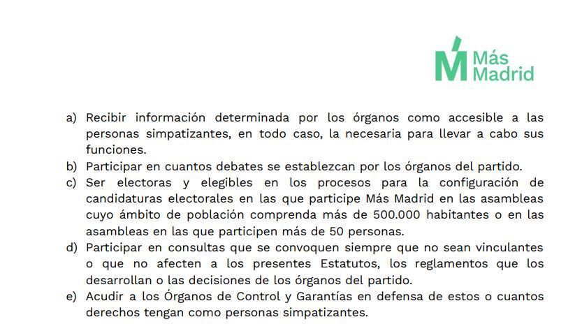 Los derechos de las personas simpatizantes de Más Madrid, según el estatuto