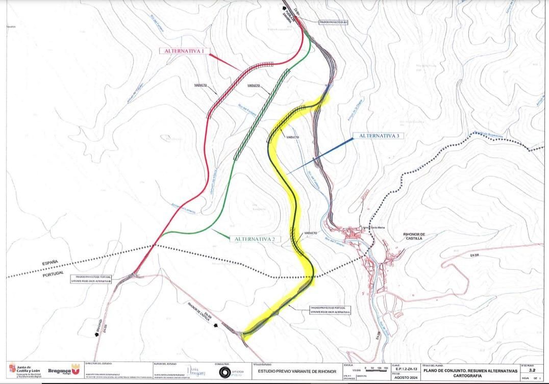 Tres alternativas del estudio previo de variante en Rihonor, paso fronterizo entre España y Portugal.