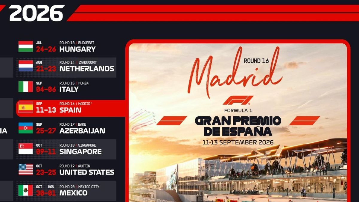 Detalle del calendario de la F1 para el año 2026, con el GP de España identificando a Madrid