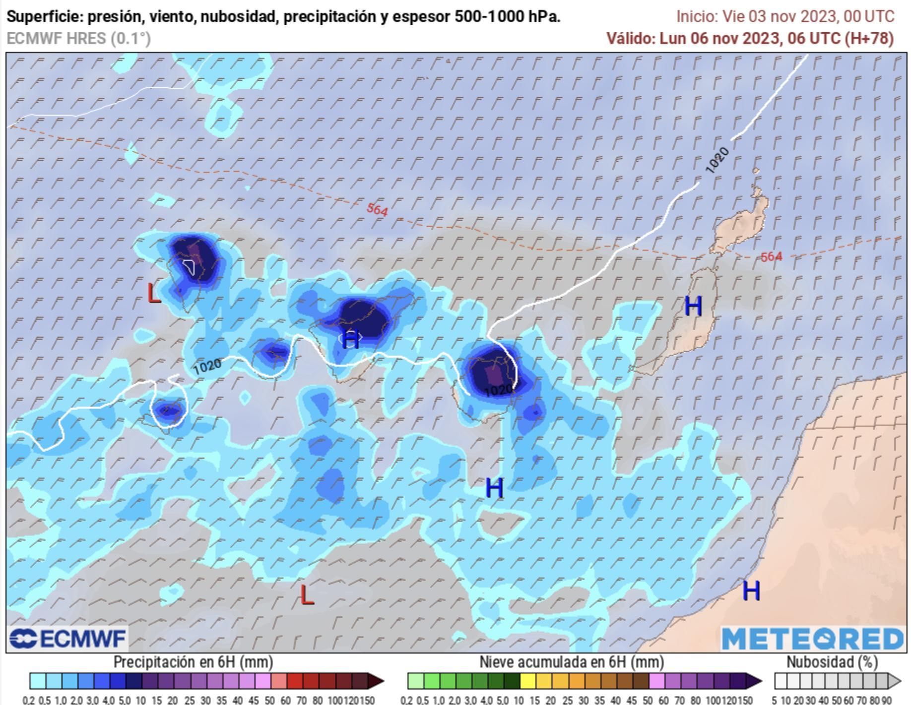 Mapa de precipitaciones previstas en Canarias a las 06.00 de la mañana del lunes.
