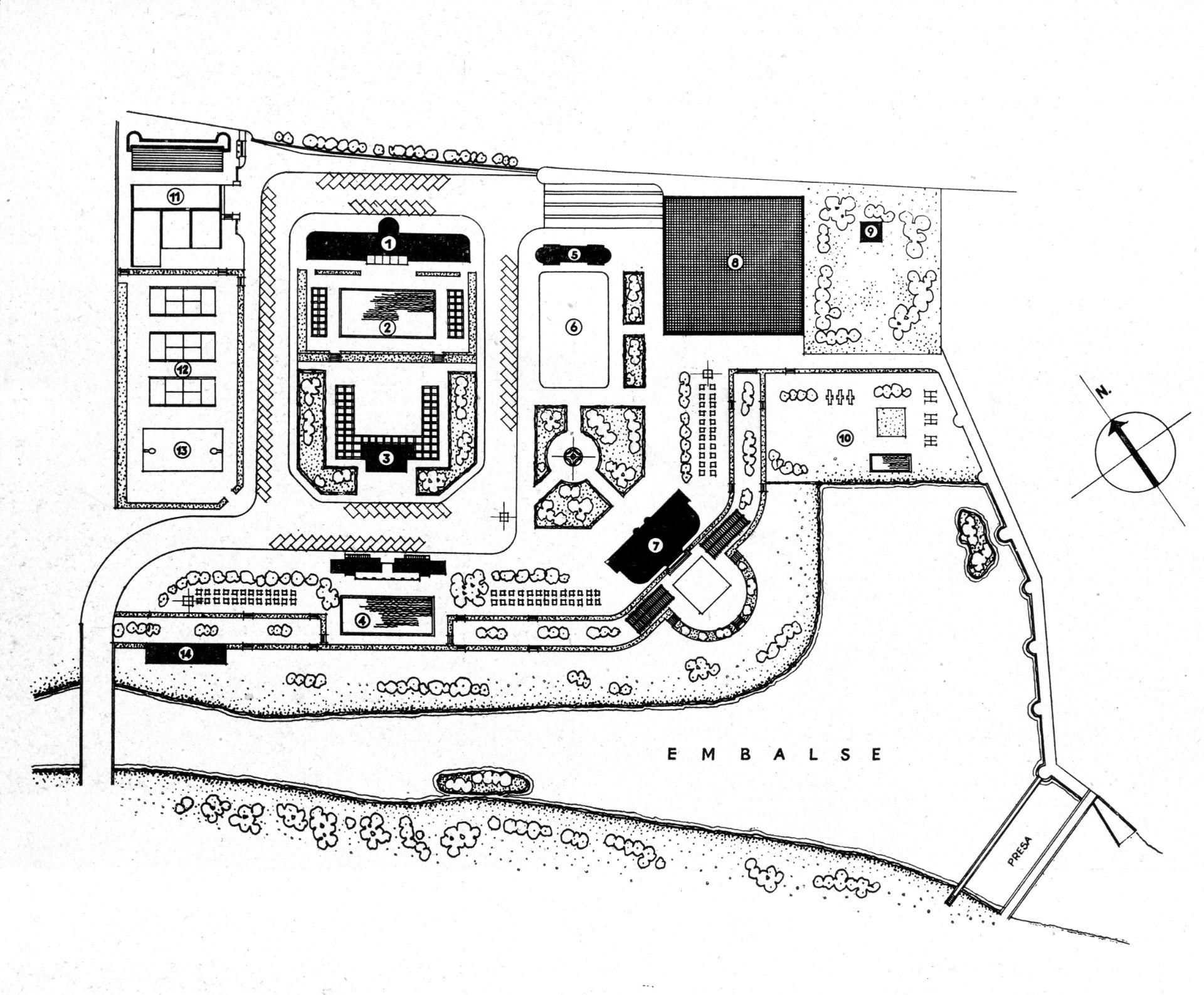 Plano de la Antigua Playa de Madrid, con el embalse hoy desaparecido y el el edificio ahora recuperado (número 7)